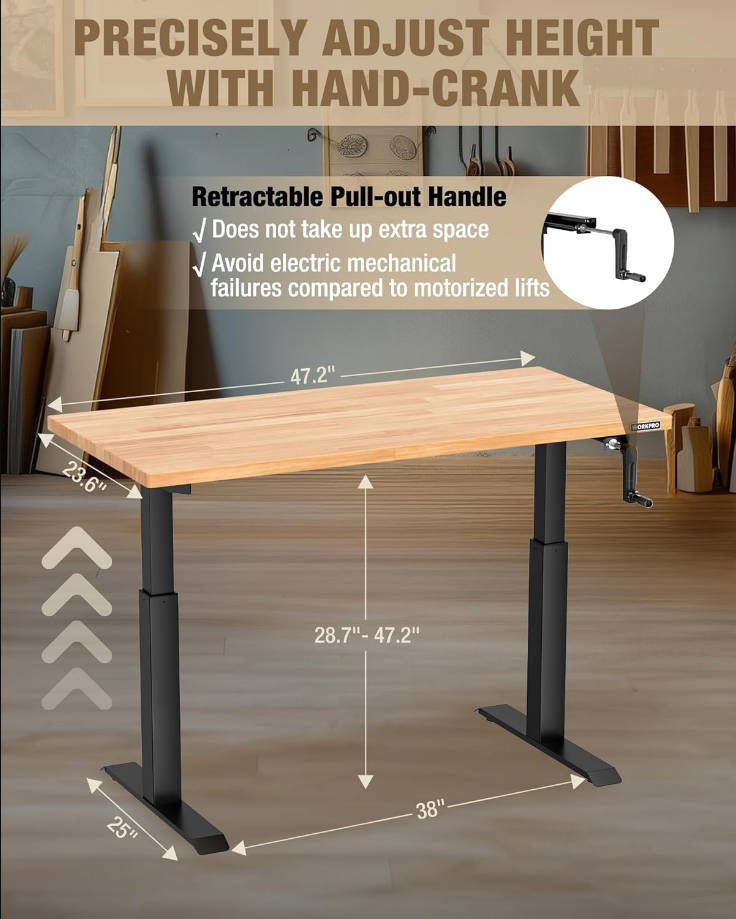 Banco de trabajo ajustable con manivela, mesa de trabajo de madera de goma de 47.2 x 23.6 pulgadas, capacidad de carga de 300 libras, escritorio de pie ajustable en altura para taller, garaje