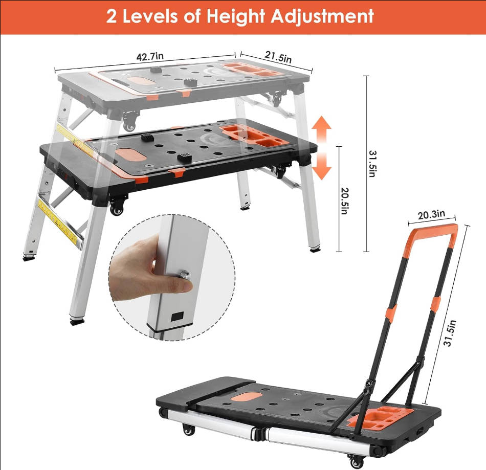 Mesa de trabajo plegable multifuncional, bancos de trabajo 7 en 1 para garaje, como banco de trabajo portátil, caballete, andamio, plataforma, enredadera de automóvil, carrito y camión de