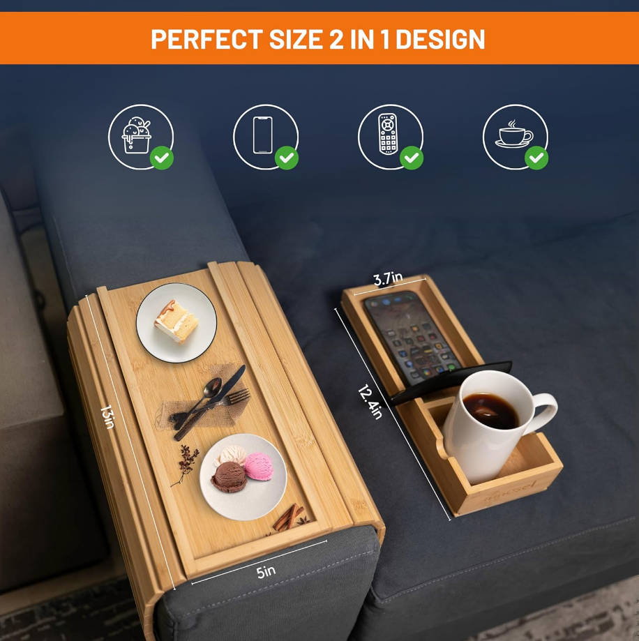  para tazas de sofá, bandeja de bambú para reposabrazos de sofá con portavasos desmontable, bandeja antideslizante plegable para reposabrazos de mesa de sofá para bebidas, aperitivos, controles