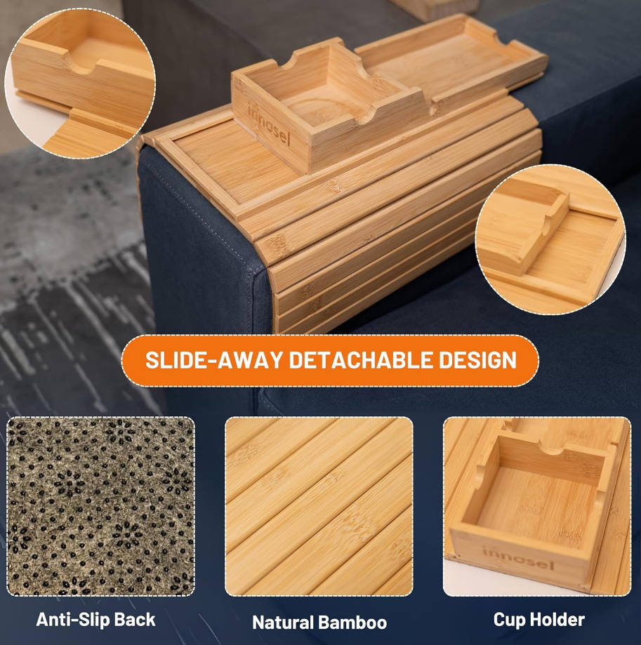  para tazas de sofá, bandeja de bambú para reposabrazos de sofá con portavasos desmontable, bandeja antideslizante plegable para reposabrazos de mesa de sofá para bebidas, aperitivos, controles