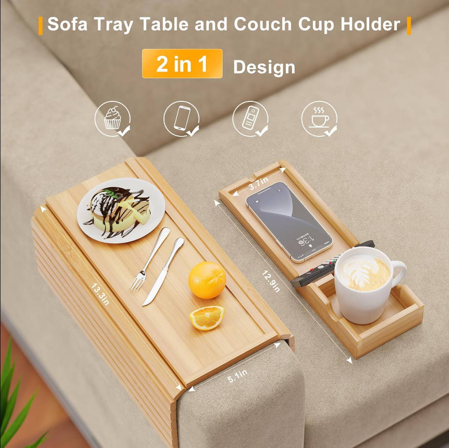 Soporte de bambú para tazas y reposabrazos de sofá, bandeja de brazo de sofá 2 en 1, soporte para tazas desmontable deslizante, plegable, antideslizante para sofá, sillón, organizador para bebidas