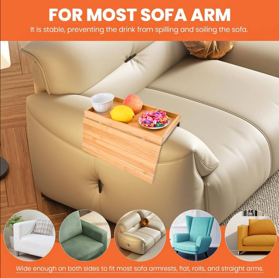 Mesa plegable antideslizante para reposabrazos de sofá, ideal para bebidas, aperitivos, teléfono, control remoto, fácil de usar y almacenar en cualquier lugar (color madera)