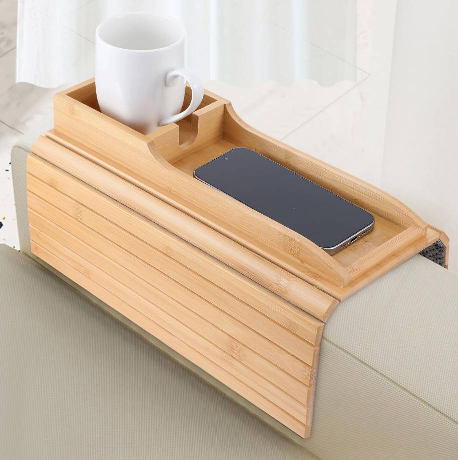 Bandeja de bambú para reposabrazos de sofá, bandeja de brazo desmontable con clip en el sofá, soporte para tazas, antideslizante, plegable, funda de mesa para sofá, aperitivos, teléfono, bebidas, sala