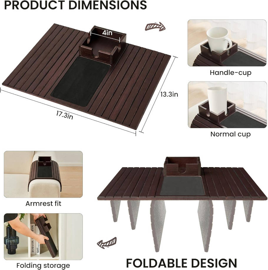 Mesa de bambú para sofá, soporte plegable para sofá, bandeja de brazo ancha antideslizante para reposabrazos, para bebida, taza, control remoto, aperitivos, teléfono celular, portátil, caoba