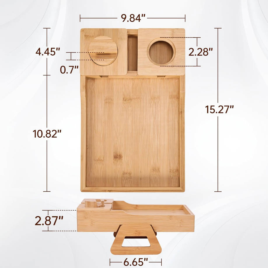 Mesa de bambú con reposabrazos para sofás anchos con clip plegable con soporte para teléfono giratorio de 360° y soporte para tazas, bandeja antideslizante para brazo de sofá para bebidas