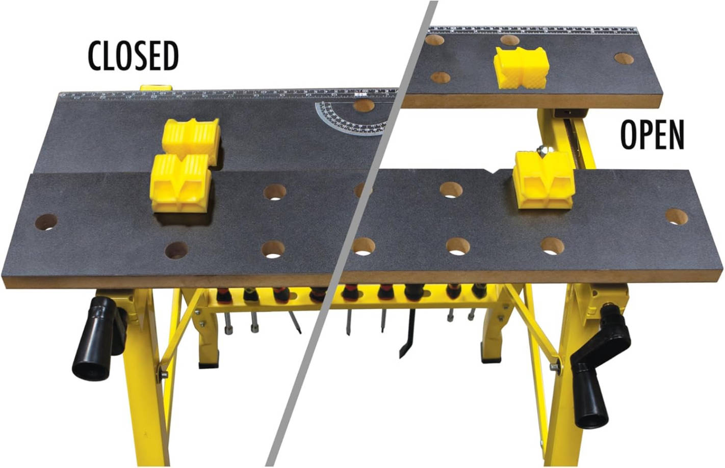 Banco de trabajo portátil multiusos y tornillo de banco (capacidad de carga de 200 lb), color amarillo