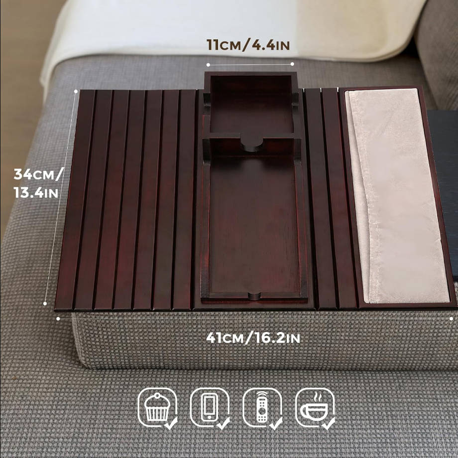 Bandeja para portavasos de sofá, mesa de brazo de sofá con bolsillo de almacenamiento lateral, bandeja para brazo de sofá con diseño antideslizante, mesas de sofá de bambú natural para bebidas,