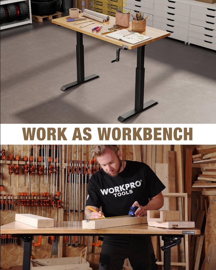 Banco de trabajo ajustable con manivela, mesa de trabajo de madera de goma de 47.2 x 23.6 pulgadas, capacidad de carga de 300 libras, escritorio de pie ajustable en altura para taller, garaje