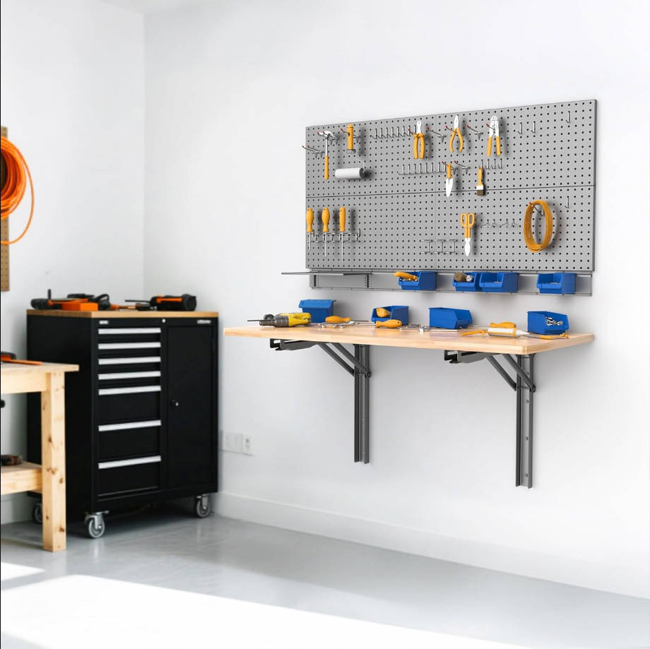 Banco de trabajo plegable montado en la pared que ahorra espacio, mesa de pared plegable resistente para garaje, taller, soporta hasta 550 libras (tamaño de la mesa: 47.25 x 22.75 pulgadas)