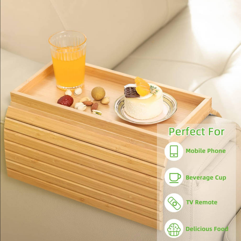 Bandeja de brazo de sofá de bambú, mesa auxiliar plegable para brazo de sofá, mesa auxiliar con reposabrazos anticaídas, soporte para tazas para aperitivos, bebidas, cervezas, teléfono, control
