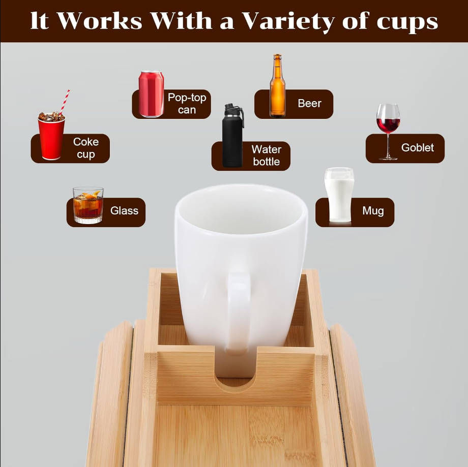 Bandeja de bambú para reposabrazos de sofá, bandeja de brazo desmontable con clip en el sofá, soporte para tazas, antideslizante, plegable, funda de mesa para sofá, aperitivos, teléfono, bebidas, sala