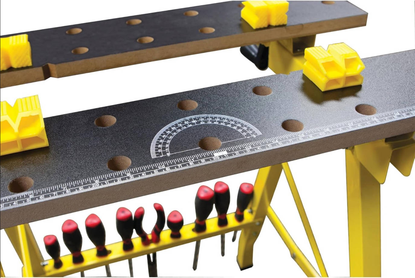 Banco de trabajo portátil multiusos y tornillo de banco (capacidad de carga de 200 lb), color amarillo