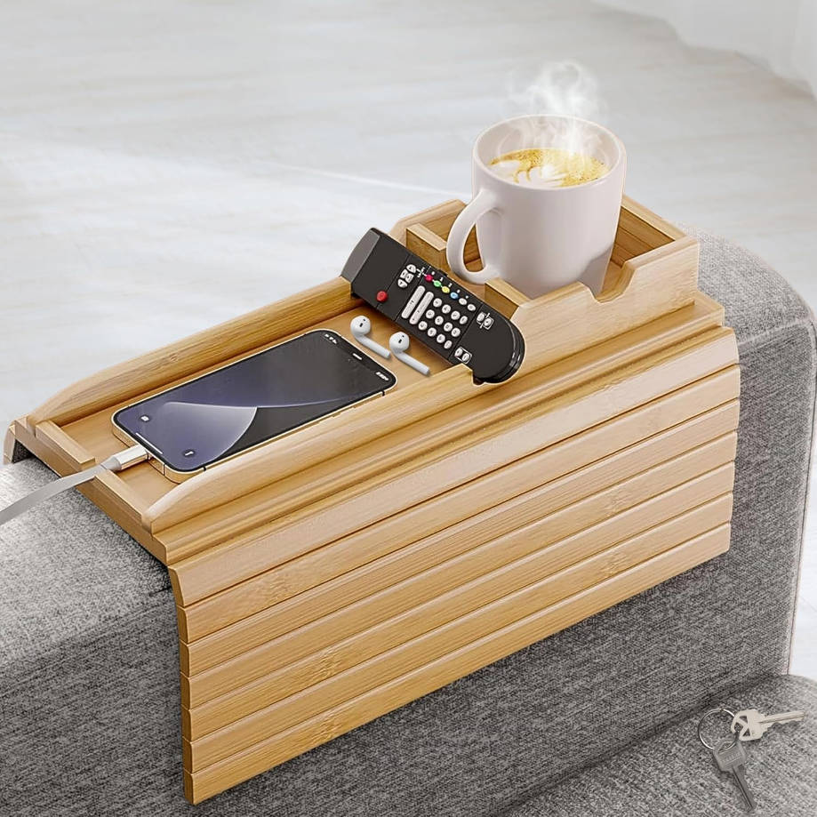 para tazas de sofá, bandeja de bambú para reposabrazos de sofá con portavasos desmontable, bandeja antideslizante plegable para reposabrazos de mesa de sofá para bebidas, aperitivos, controles