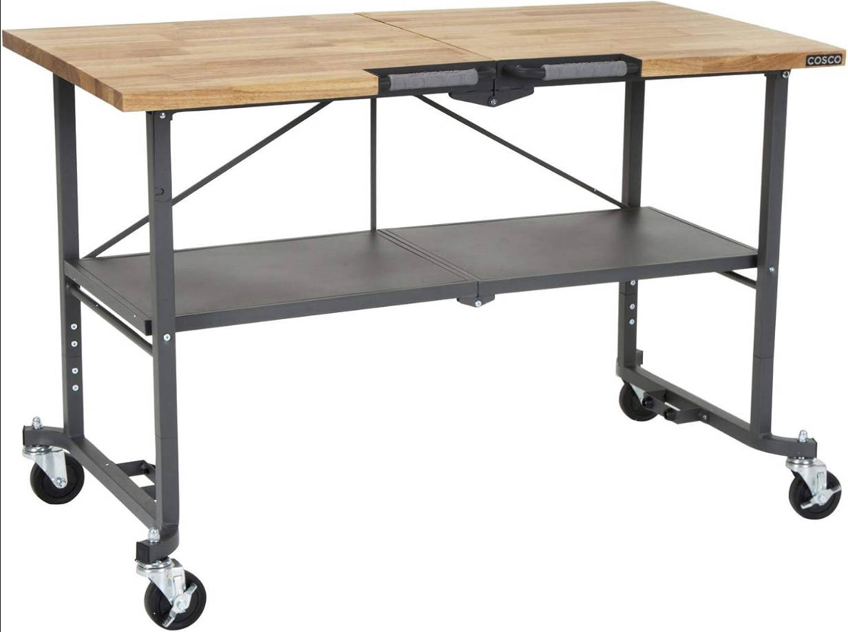 SmartFold - Banco de trabajo portátil de carnicero/mesa plegable (parte superior de madera dura, capacidad de peso total de 700 libras, ruedas de bloqueo, marco de acero gris, 1 unidad)
