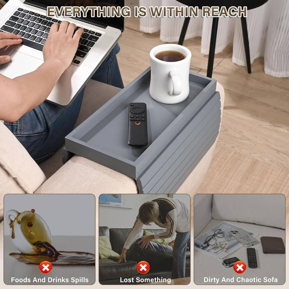 Bandeja de brazo de sofá de bambú, bandeja de brazo de sofá anticaída, bandeja plegable para reposabrazos de sofá, mesa de brazo para comer, bebidas, aperitivos, control remoto, teléfono