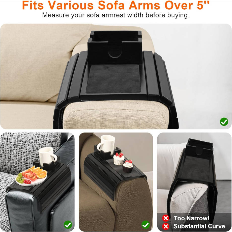 Bandeja para reposabrazos de sofá con soporte grande para tazas, bandeja de brazo de sofá de bambú, soporte antideslizante para tazas, mesa plegable para sofá para comer bebidas y teléfono