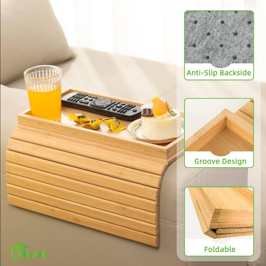 Bandeja de brazo de sofá de bambú, mesa auxiliar plegable para brazo de sofá, mesa auxiliar con reposabrazos anticaídas, soporte para tazas para aperitivos, bebidas, cervezas, teléfono, control