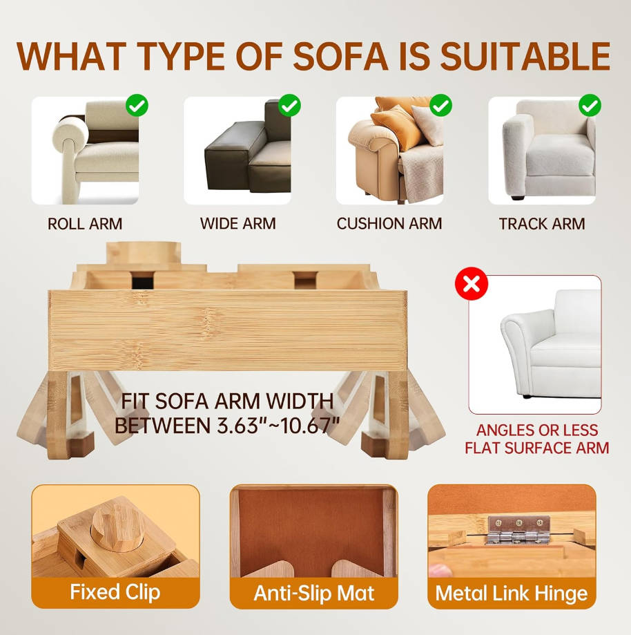 Mesa de bambú con reposabrazos para sofás anchos con clip plegable con soporte para teléfono giratorio de 360° y soporte para tazas, bandeja antideslizante para brazo de sofá para bebidas