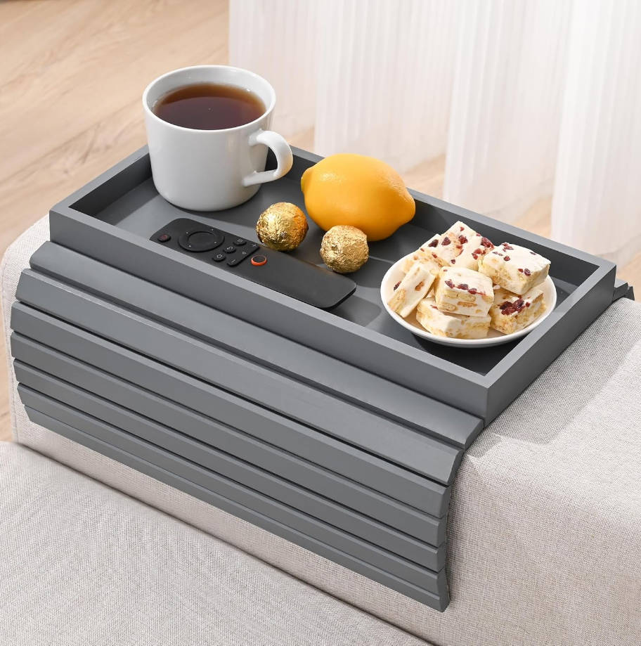 Bandeja de brazo de sofá de bambú, bandeja de brazo de sofá anticaída, bandeja plegable para reposabrazos de sofá, mesa de brazo para comer, bebidas, aperitivos, control remoto, teléfono