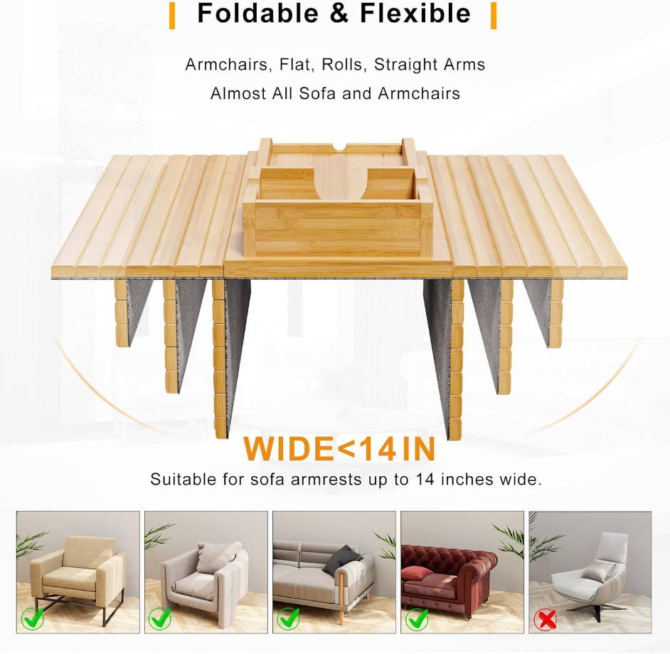 Soporte de bambú para tazas y reposabrazos de sofá, bandeja de brazo de sofá 2 en 1, soporte para tazas desmontable deslizante, plegable, antideslizante para sofá, sillón, organizador para bebidas