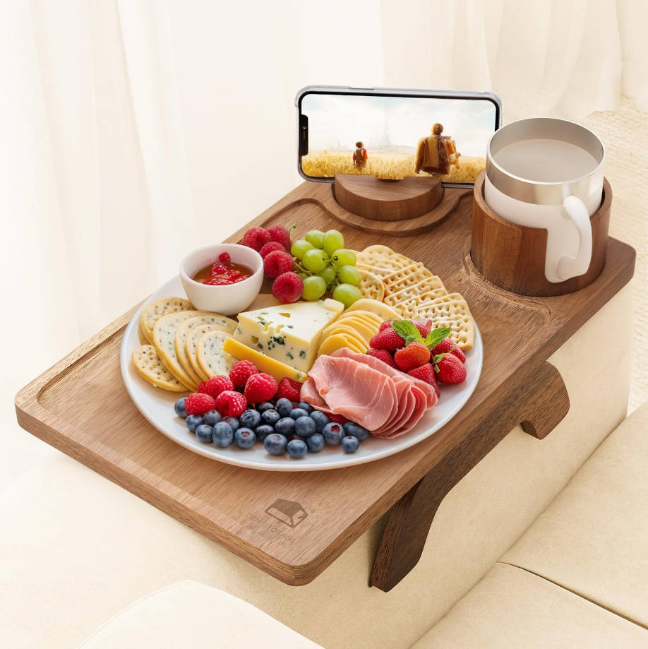 Mesa de brazo de sofá 3 en 1, bandeja de brazo de sofá de madera, mesa estable para sofá con soporte giratorio de 360° y soporte para tazas, bandeja plegable antideslizante para el brazo del sofá para