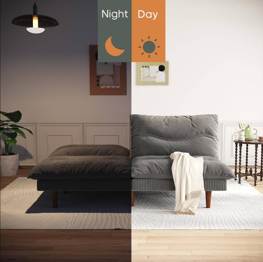 Sofá cama futón, sofá futón de 71 pulgadas con respaldo ajustable, sofá cama convertible de pana, reclinable plegable para apartamento, sala de estar, oficina, gris
