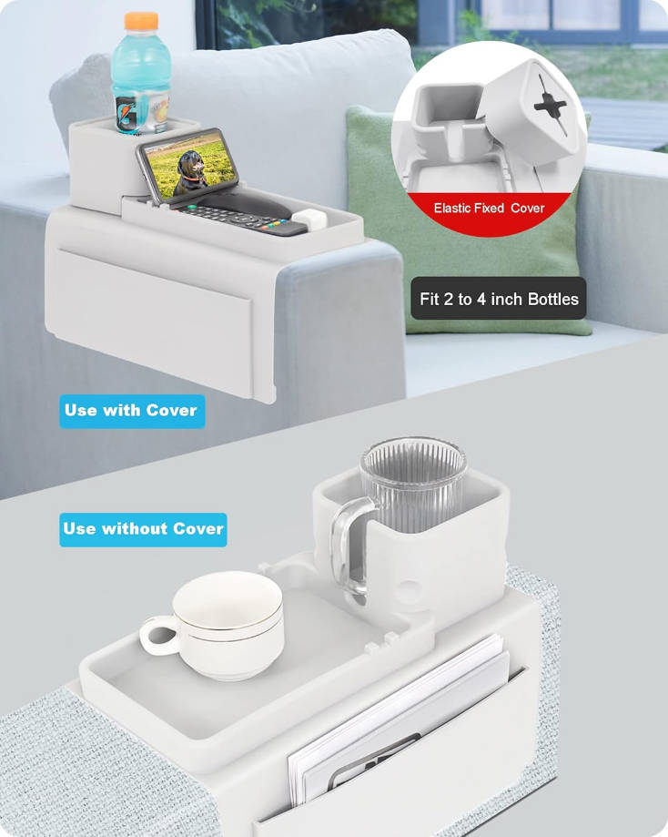 Bandeja para portavasos de sofá, de silicona antideslizante, con bolsillos laterales, sin BPA, antiderrames, soporte para bebidas para YETI, control remoto, aperitivos, teléfono celular y