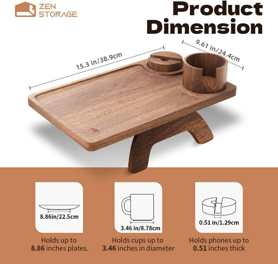 Mesa de brazo de sofá 3 en 1, bandeja de brazo de sofá de madera, mesa estable para sofá con soporte giratorio de 360° y soporte para tazas, bandeja plegable antideslizante para el brazo del sofá para