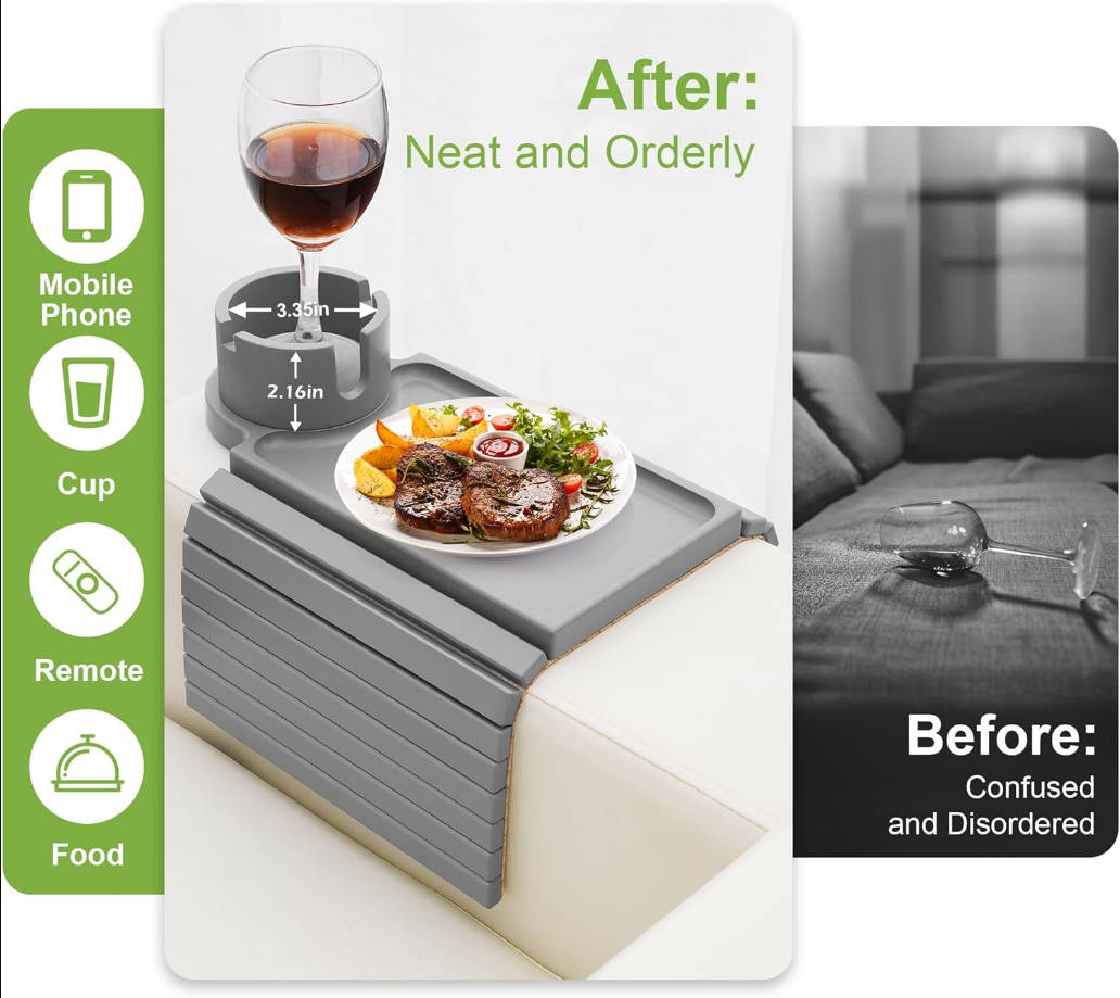 Soporte para tazas de sofá, bandeja de mesa de sofá 3 en 1 con soporte giratorio de 360° para sofá, mesa de descanso antideslizante para reposabrazos de sofá grande y ancho, mesa auxiliar