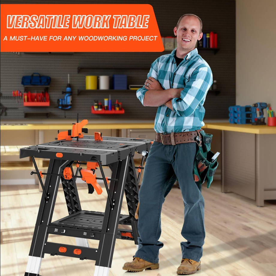 Banco de trabajo plegable, mesa de trabajo plegable portátil impermeable 2 en 1, 31 pulgadas de ancho x 25 pulgadas de profundidad x 32 pulgadas de alto, mesa de trabajo de altura ajustable