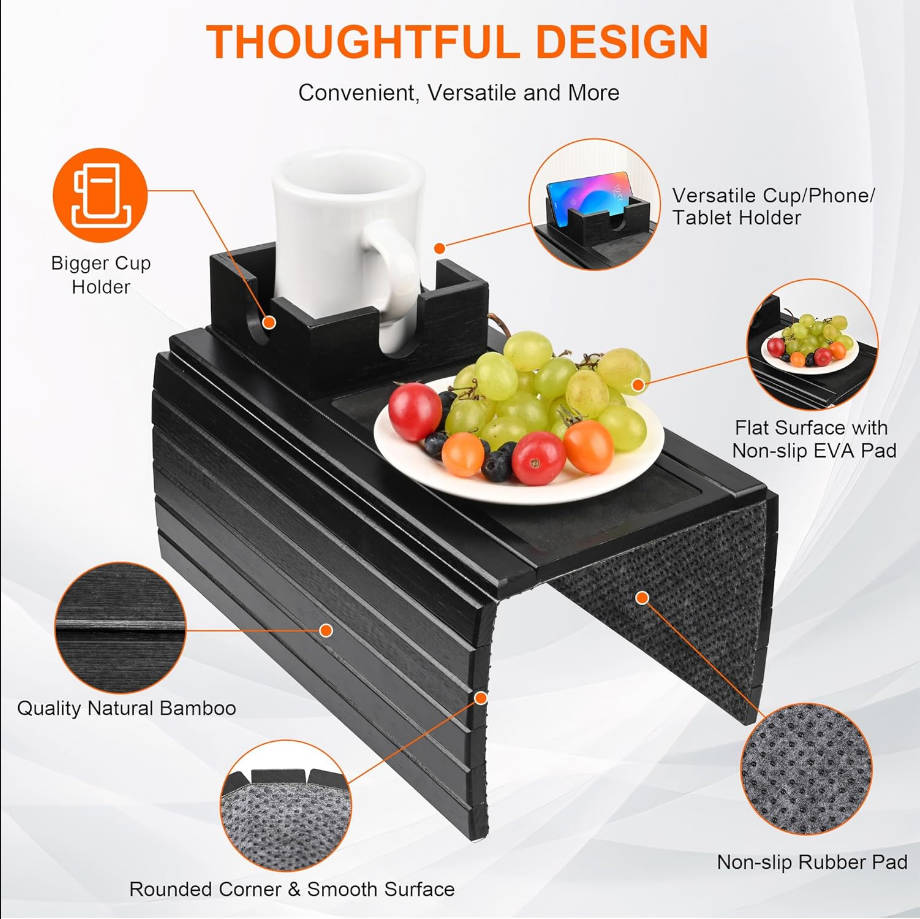 Bandeja para reposabrazos de sofá con soporte grande para tazas, bandeja de brazo de sofá de bambú, soporte antideslizante para tazas, mesa plegable para sofá para comer bebidas y teléfono