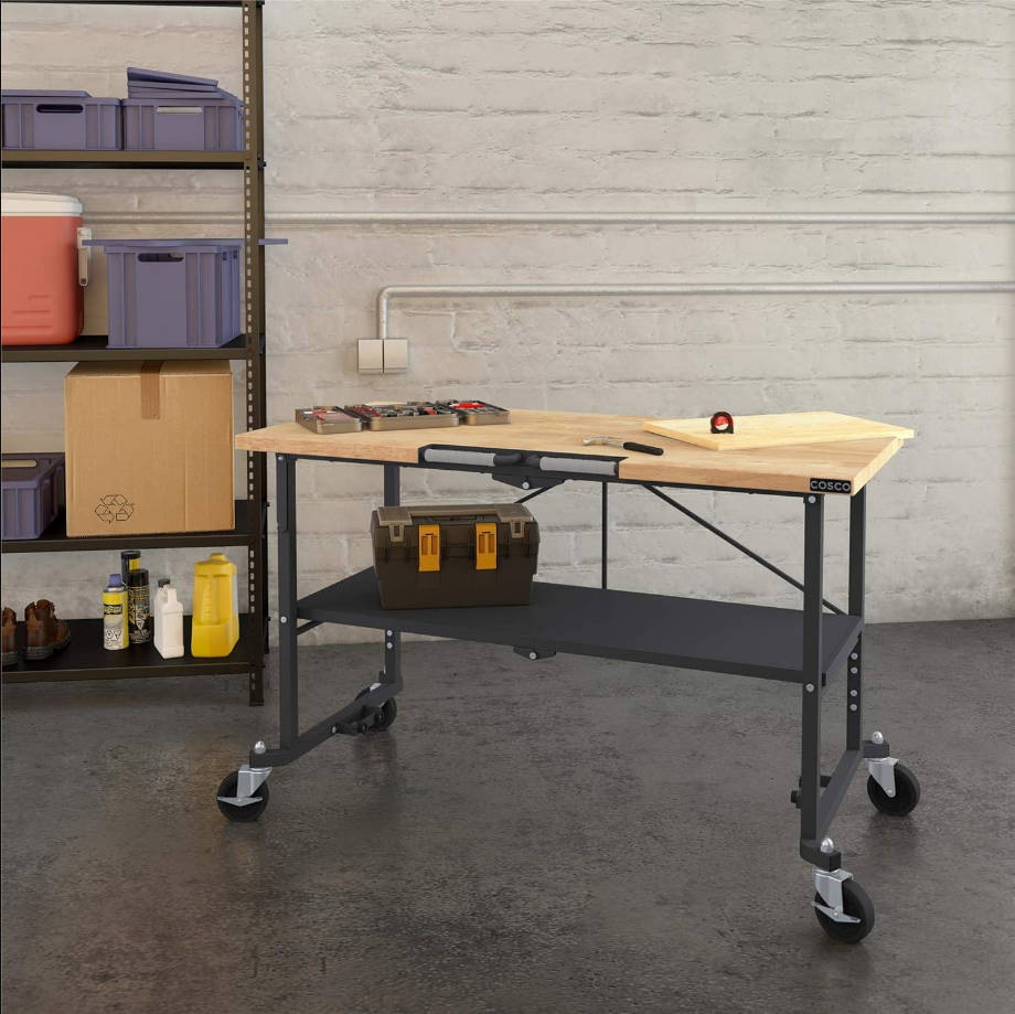 SmartFold - Banco de trabajo portátil de carnicero/mesa plegable (parte superior de madera dura, capacidad de peso total de 700 libras, ruedas de bloqueo, marco de acero gris, 1 unidad)