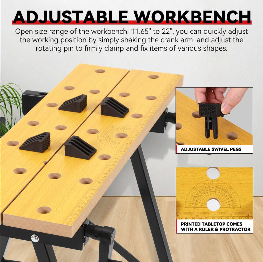 Banco de trabajo plegable ajustable con regla y transportador integrados, mesa de trabajo portátil (8 a 12 pulgadas), capacidad de carga de 220 libras, banco de trabajo multipropósito