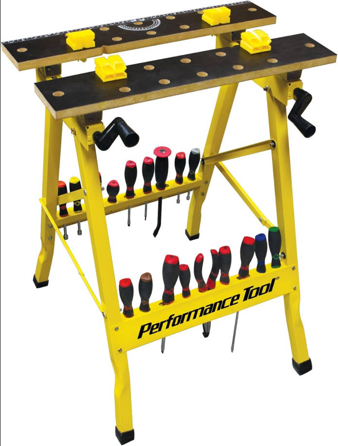 Banco de trabajo portátil multiusos y tornillo de banco (capacidad de carga de 200 lb), color amarillo