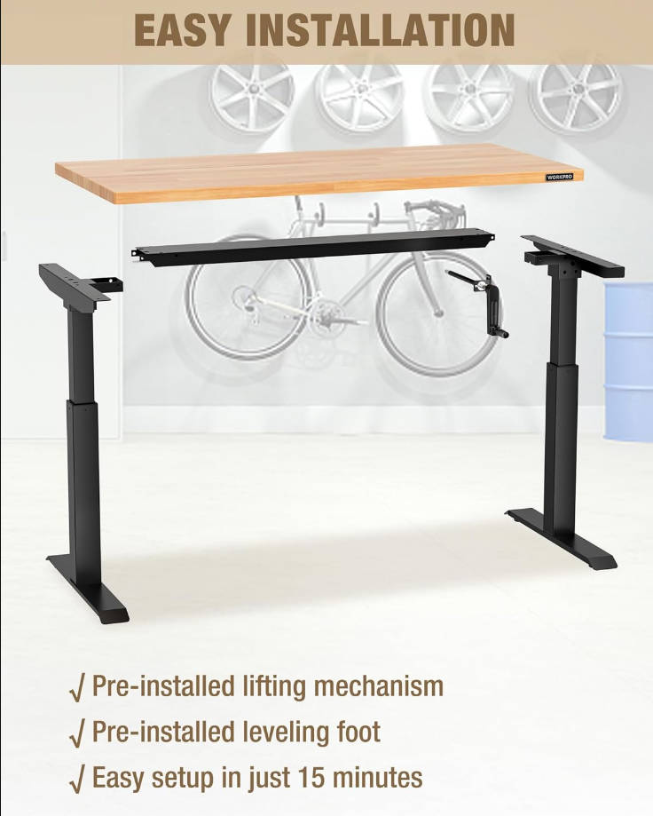 Banco de trabajo ajustable con manivela, mesa de trabajo de madera de goma de 47.2 x 23.6 pulgadas, capacidad de carga de 300 libras, escritorio de pie ajustable en altura para taller, garaje