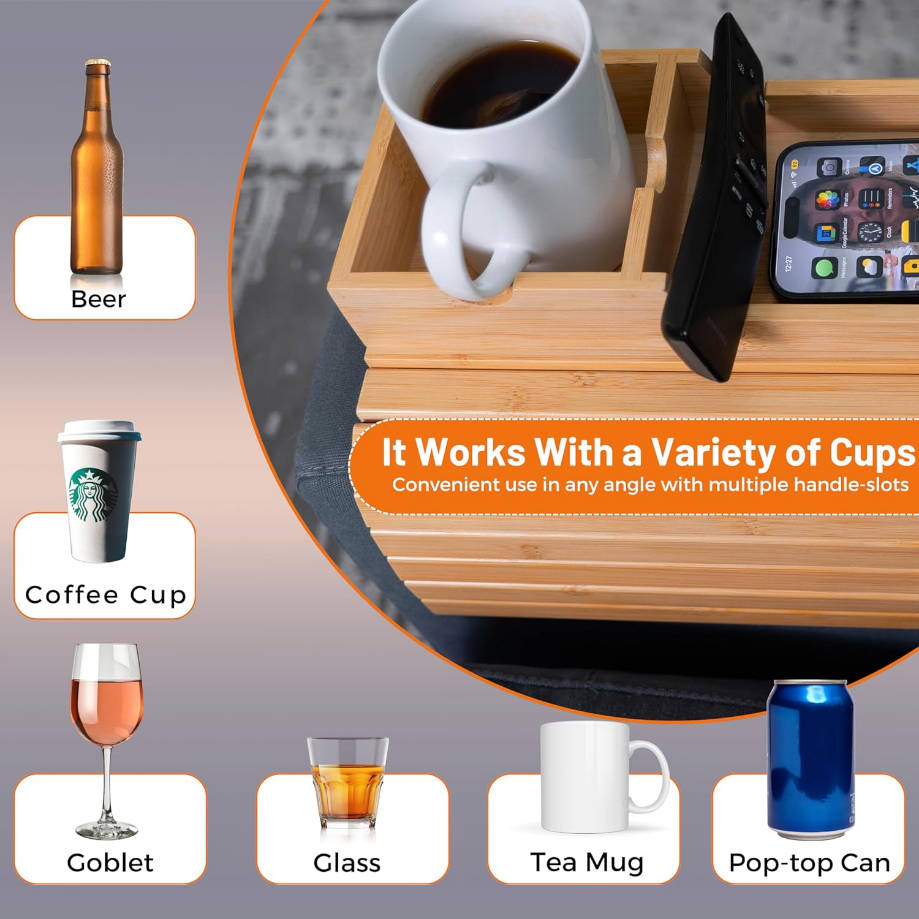  para tazas de sofá, bandeja de bambú para reposabrazos de sofá con portavasos desmontable, bandeja antideslizante plegable para reposabrazos de mesa de sofá para bebidas, aperitivos, controles