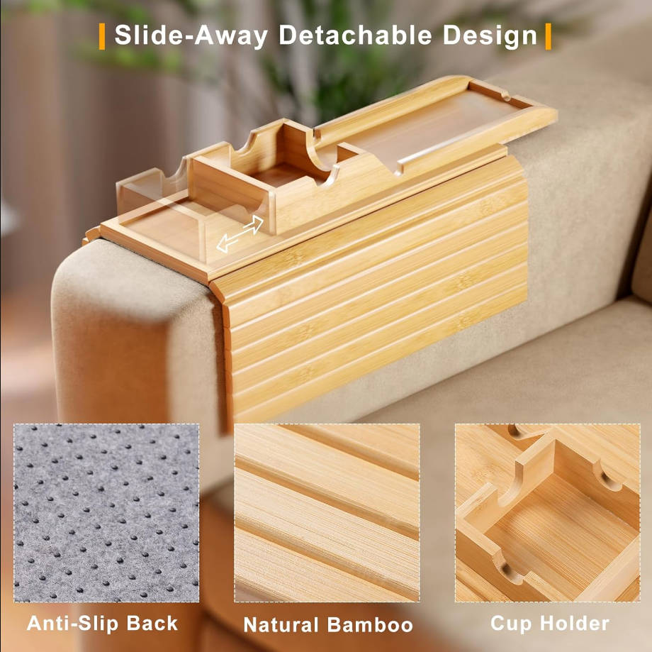 Soporte de bambú para tazas y reposabrazos de sofá, bandeja de brazo de sofá 2 en 1, soporte para tazas desmontable deslizante, plegable, antideslizante para sofá, sillón, organizador para bebidas