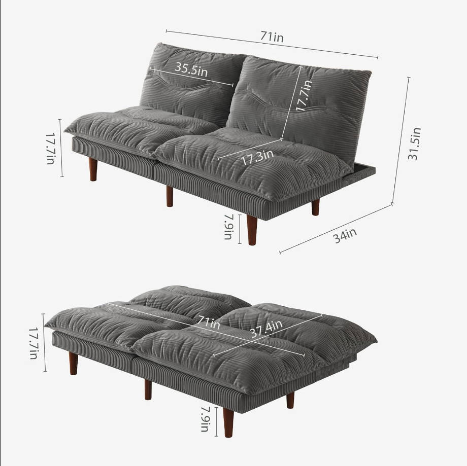 Sofá cama futón, sofá futón de 71 pulgadas con respaldo ajustable, sofá cama convertible de pana, reclinable plegable para apartamento, sala de estar, oficina, gris