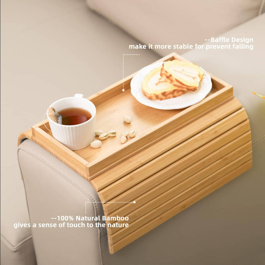 Bandeja de brazo de sofá de bambú, mesa auxiliar plegable para brazo de sofá, mesa auxiliar con reposabrazos anticaídas, soporte para tazas para aperitivos, bebidas, cervezas, teléfono, control