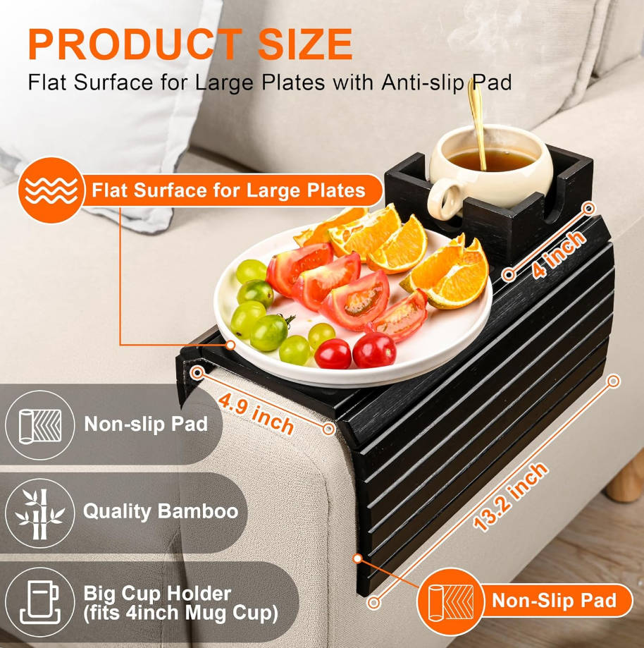 Bandeja para reposabrazos de sofá con soporte grande para tazas, bandeja de brazo de sofá de bambú, soporte antideslizante para tazas, mesa plegable para sofá para comer bebidas y teléfono