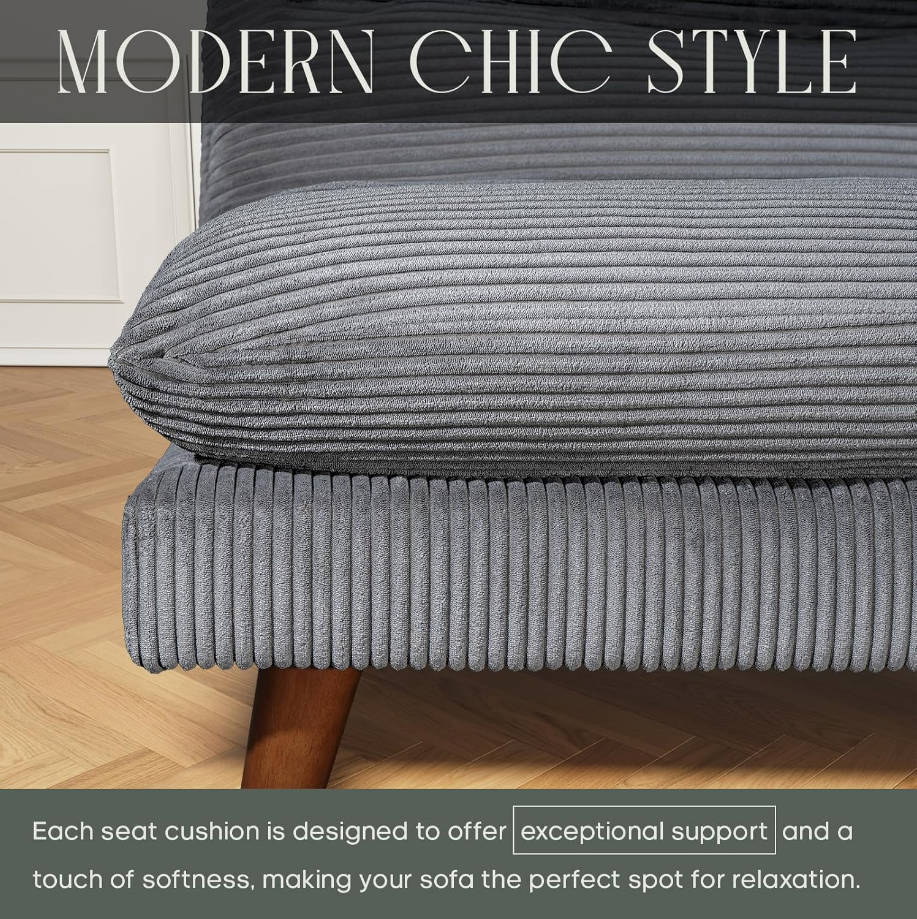 Sofá cama futón, sofá futón de 71 pulgadas con respaldo ajustable, sofá cama convertible de pana, reclinable plegable para apartamento, sala de estar, oficina, gris