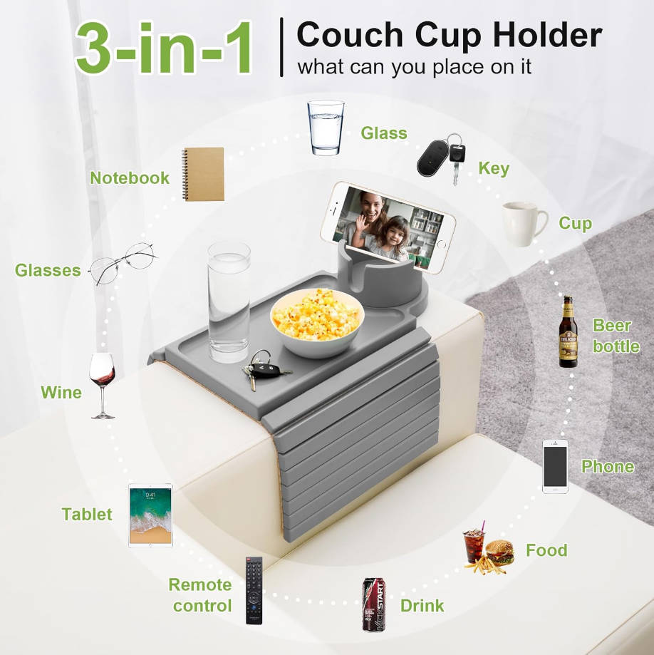 Soporte para tazas de sofá, bandeja de mesa de sofá 3 en 1 con soporte giratorio de 360° para sofá, mesa de descanso antideslizante para reposabrazos de sofá grande y ancho, mesa auxiliar