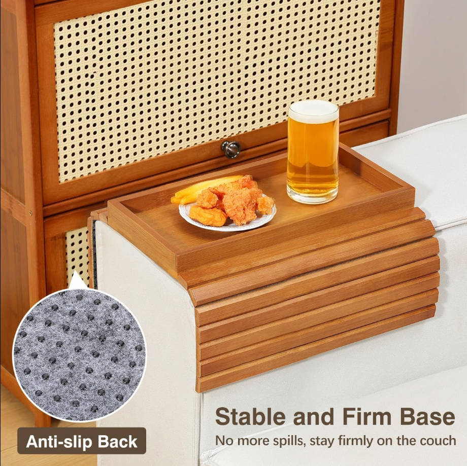 Mesa de bambú con bandeja de brazo para sofá, antideslizante con clip, soporte plegable para tazas, aperitivos, teléfono, color marrón claro
