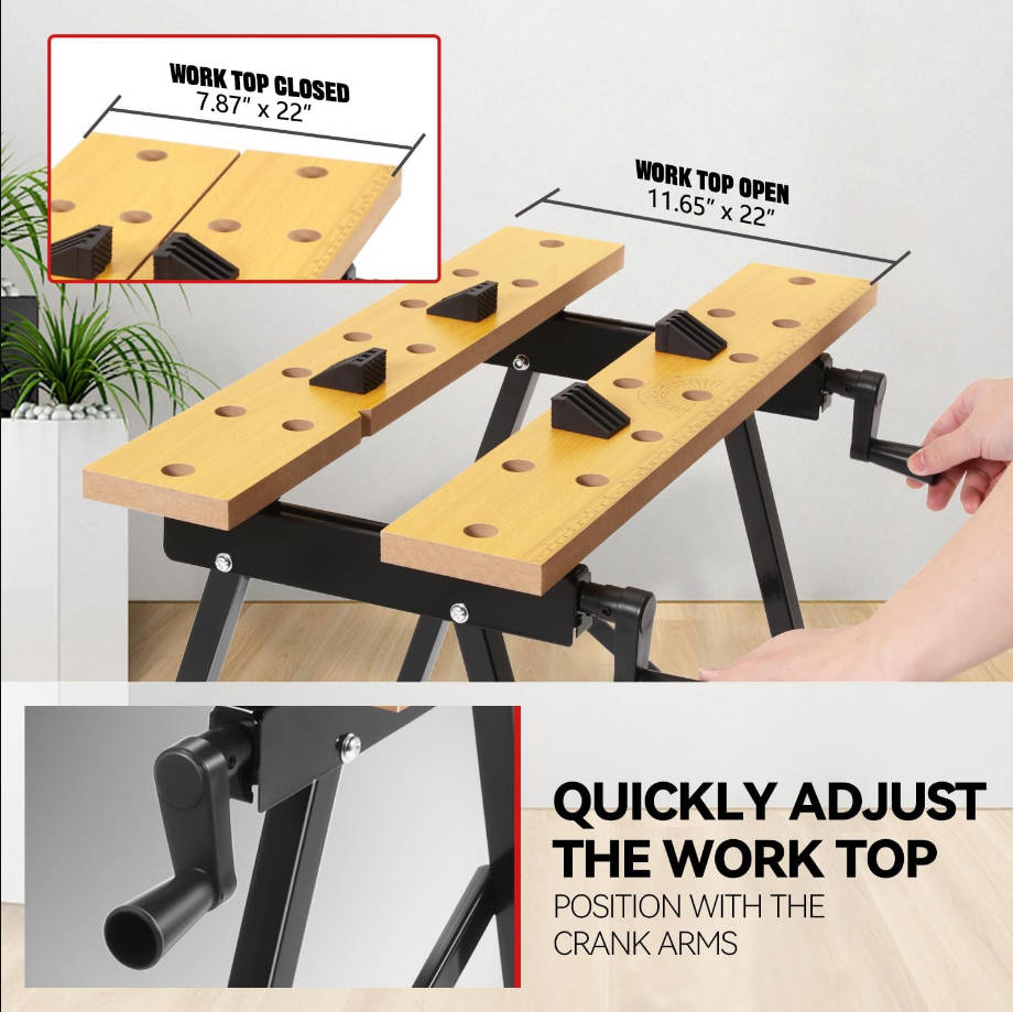 Banco de trabajo plegable ajustable con regla y transportador integrados, mesa de trabajo portátil (8 a 12 pulgadas), capacidad de carga de 220 libras, banco de trabajo multipropósito