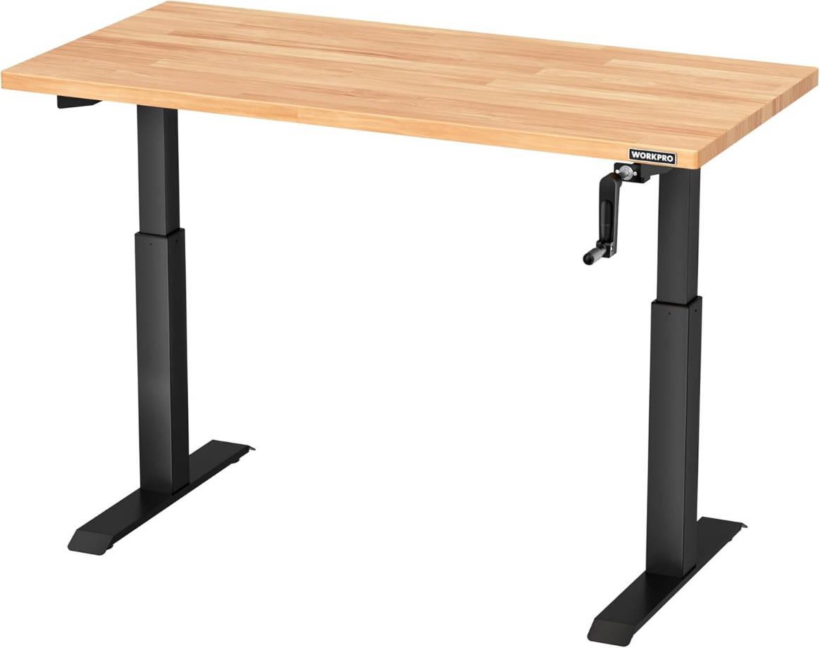 Banco de trabajo ajustable con manivela, mesa de trabajo de madera de goma de 47.2 x 23.6 pulgadas, capacidad de carga de 300 libras, escritorio de pie ajustable en altura para taller, garaje