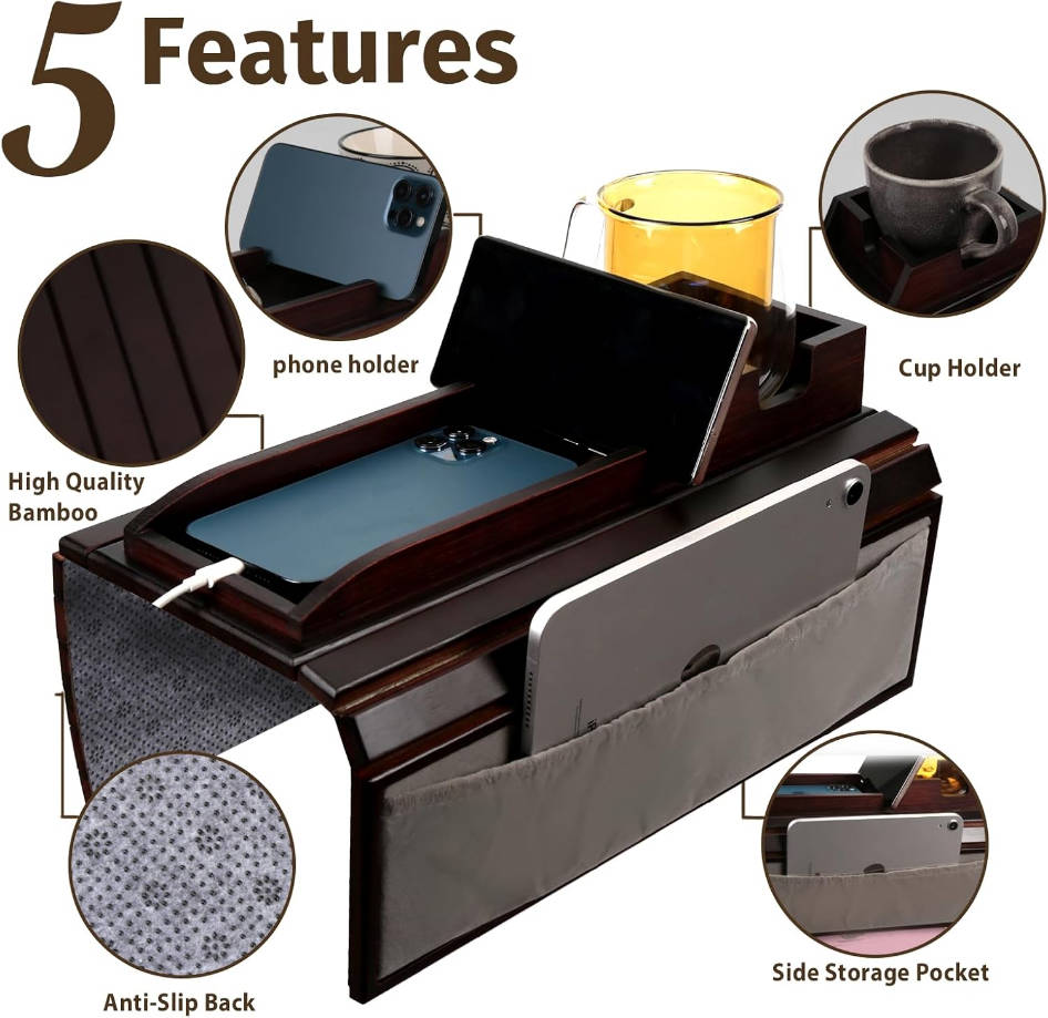 Bandeja para portavasos de sofá, mesa de brazo de sofá con bolsillo de almacenamiento lateral, bandeja para brazo de sofá con diseño antideslizante, mesas de sofá de bambú natural para bebidas,