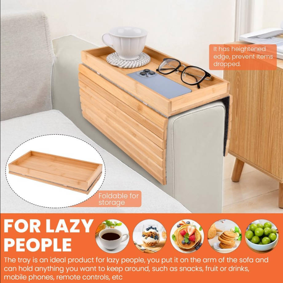 Mesa plegable antideslizante para reposabrazos de sofá, ideal para bebidas, aperitivos, teléfono, control remoto, fácil de usar y almacenar en cualquier lugar (color madera)