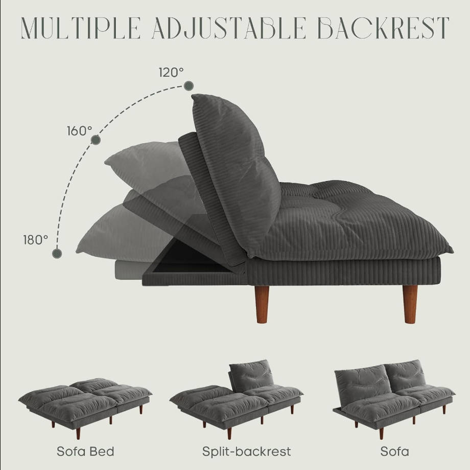 Sofá cama futón, sofá futón de 71 pulgadas con respaldo ajustable, sofá cama convertible de pana, reclinable plegable para apartamento, sala de estar, oficina, gris