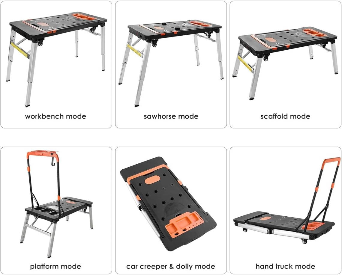 Mesa de trabajo plegable multifuncional, bancos de trabajo 7 en 1 para garaje, como banco de trabajo portátil, caballete, andamio, plataforma, enredadera de automóvil, carrito y camión de