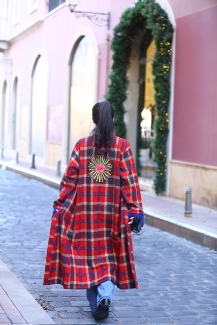 Women Luxury Red Plaid Wool embroidered Love Kimono